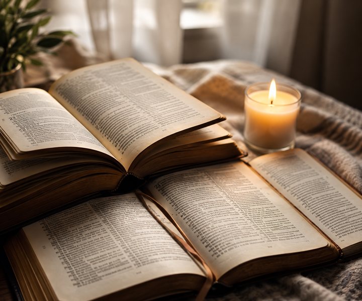 Open Bible beside a lit candle